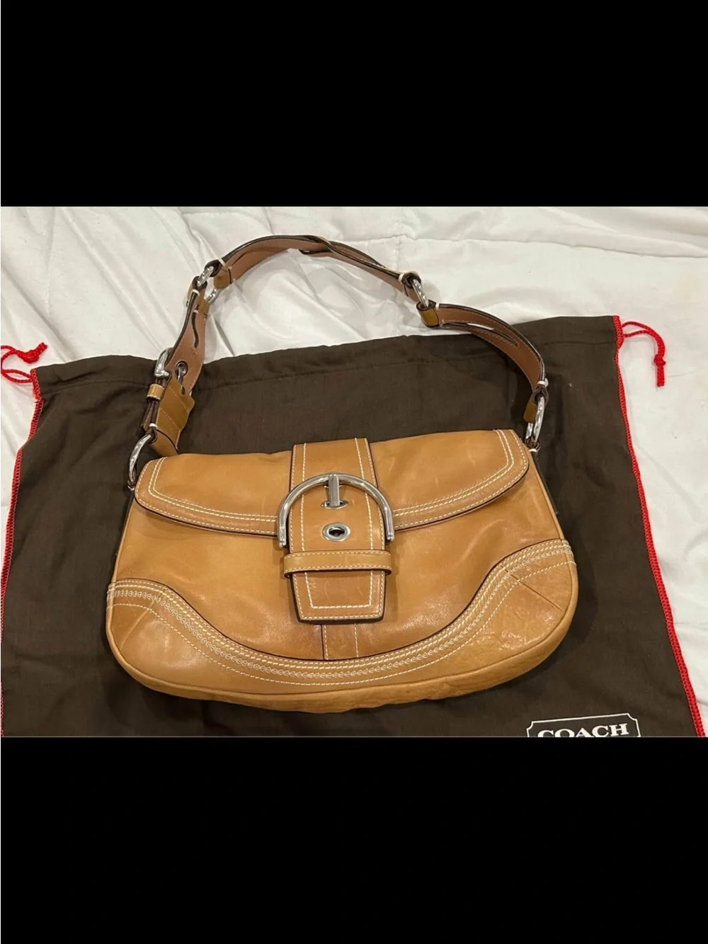 Coach SoHo Tan Leather Hobo with Silver Buckle Accents Y2K